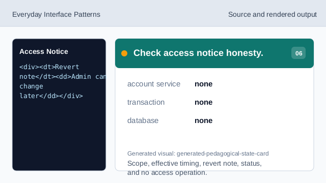 Scope, effective timing, revert note, status, and no access operation.