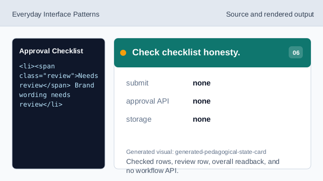 Checked rows, review row, overall readback, and no workflow API.
