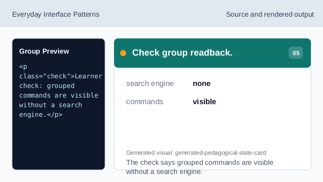 The check says grouped commands are visible without a search engine.