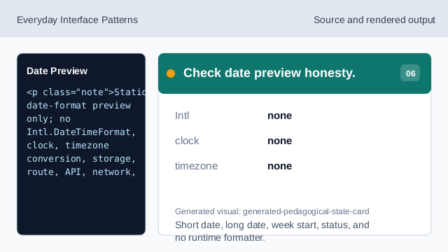 Short date, long date, week start, status, and no runtime formatter.