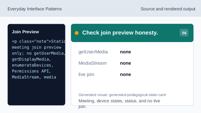 Meeting, device states, status, and no live join.