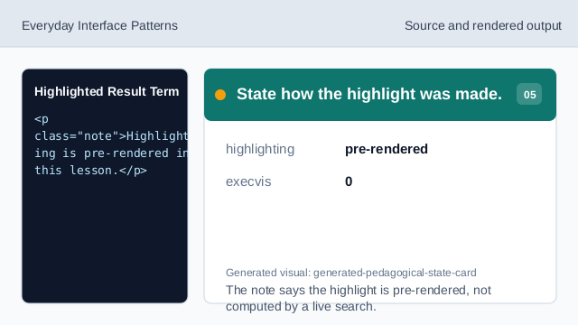 The note says the highlight is pre-rendered, not computed by a live search.