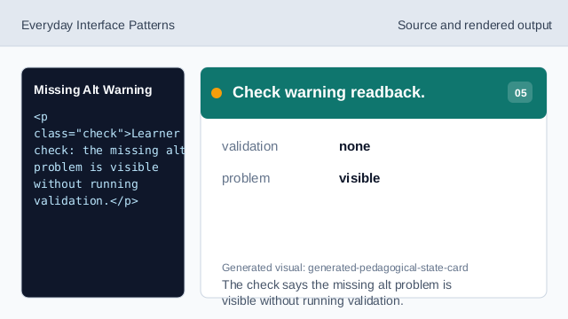 The check says the missing alt problem is visible without running validation.