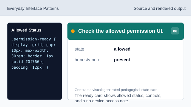 The ready card shows allowed status, controls, and a no-device-access note.