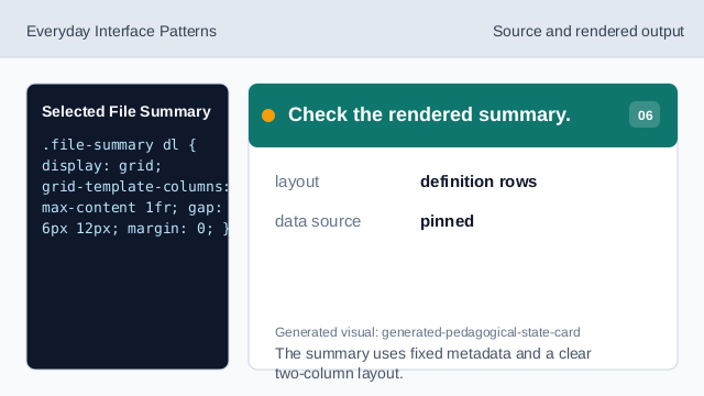 The summary uses fixed metadata and a clear two-column layout.