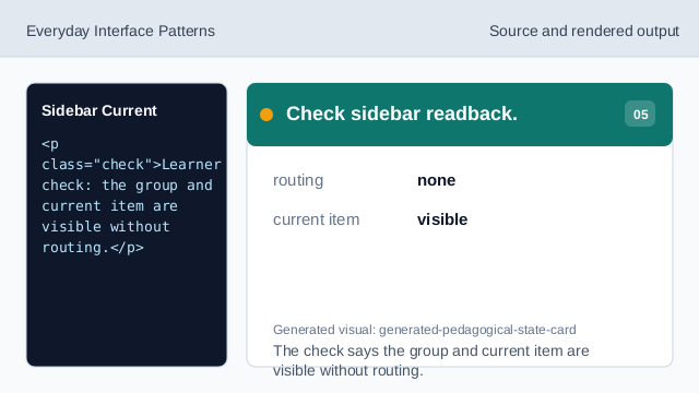The check says the group and current item are visible without routing.