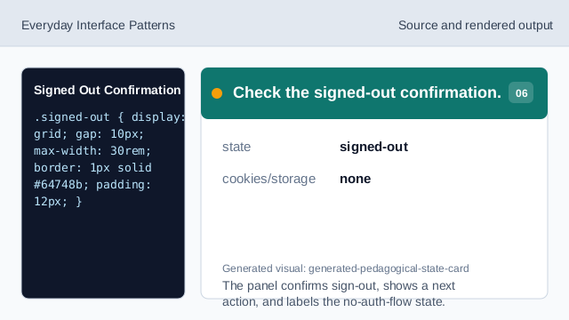 The panel confirms sign-out, shows a next action, and labels the no-auth-flow state.