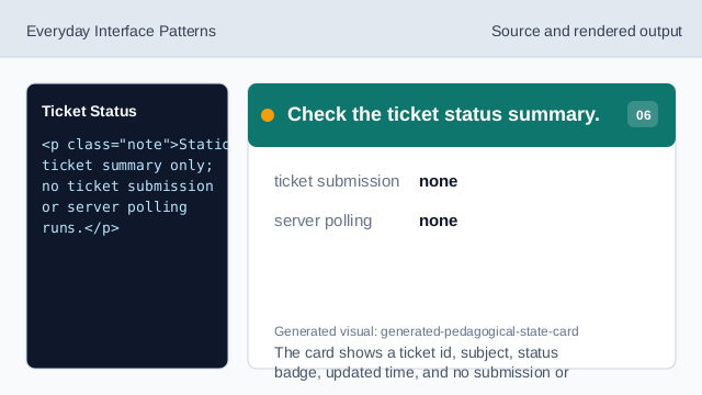 The card shows a ticket id, subject, status badge, updated time, and no submission or polling.