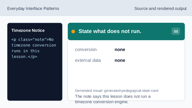 The note says this lesson does not run a timezone conversion engine.