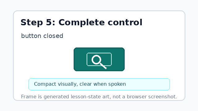 A complete icon-only Search catalog button is shown with the spoken name separate from the SVG.