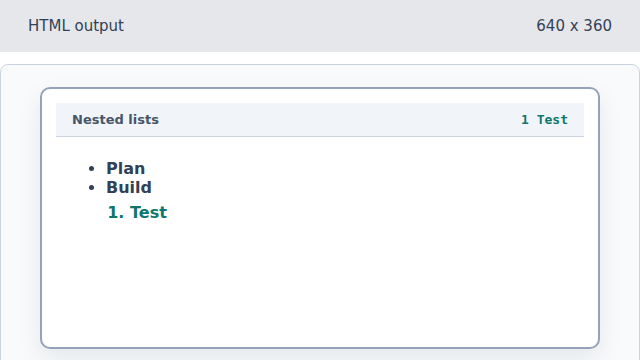 The nested list shows step 1, Test.