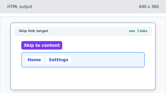 Home and Settings navigation links appear after the skip link.
