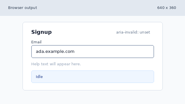 A signup form shows ada dot example dot com in the email field before validation state is applied.
