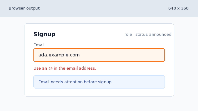 The form shows an email error and a live status message telling the learner to fix one field.