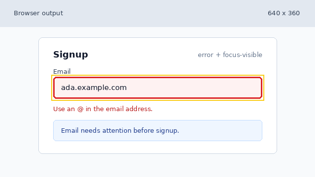 The invalid email field has a red error border and visible focus ring.