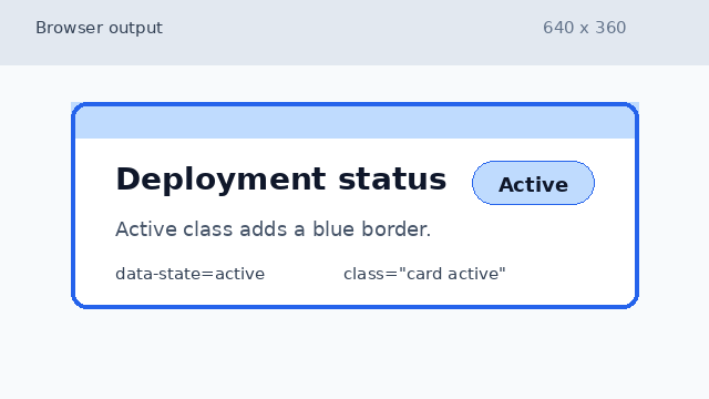 A status card with a blue active border and Active badge