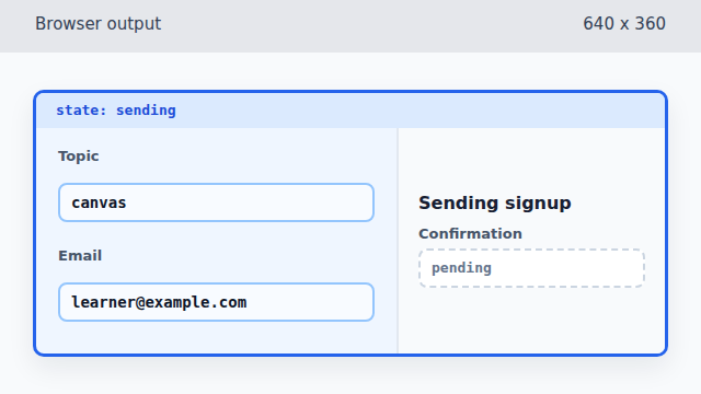 The form still shows Sending signup while result data is only in JavaScript