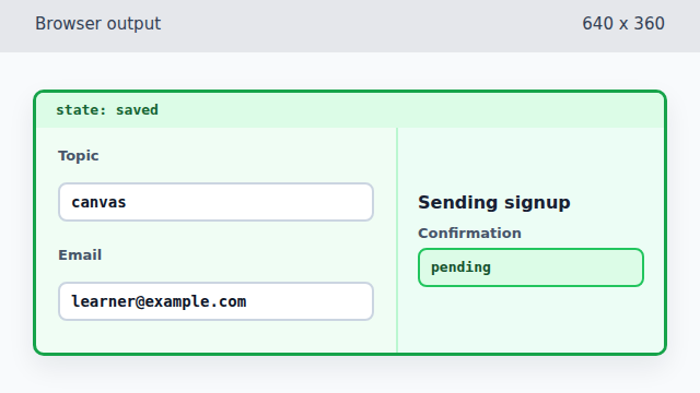 The signup form changes to a green saved state