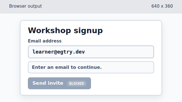 A signup form with learner at egtry dot dev typed into the email field