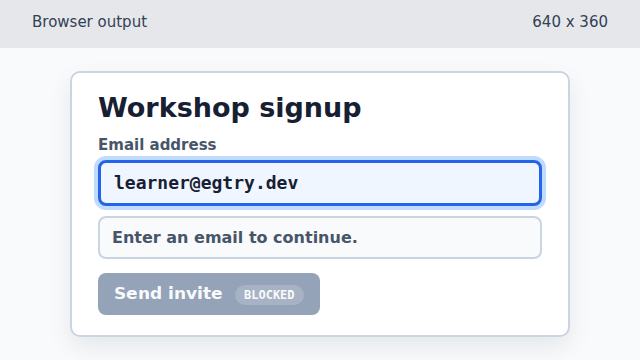 The email field has a blue touched border around the typed value