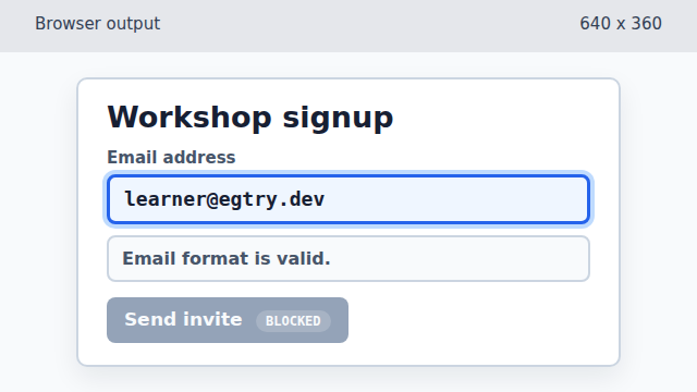 The form helper text now says Email format is valid