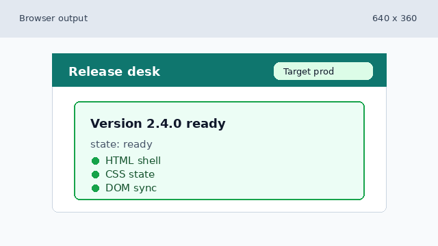 The ready release dashboard lists HTML shell, CSS state, and DOM sync checks.